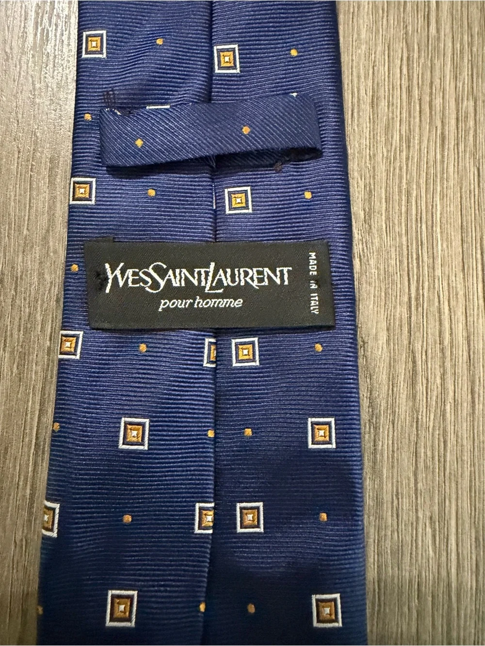 Yves Saint Laurent Navy Blue Silk Tie with Square Motif